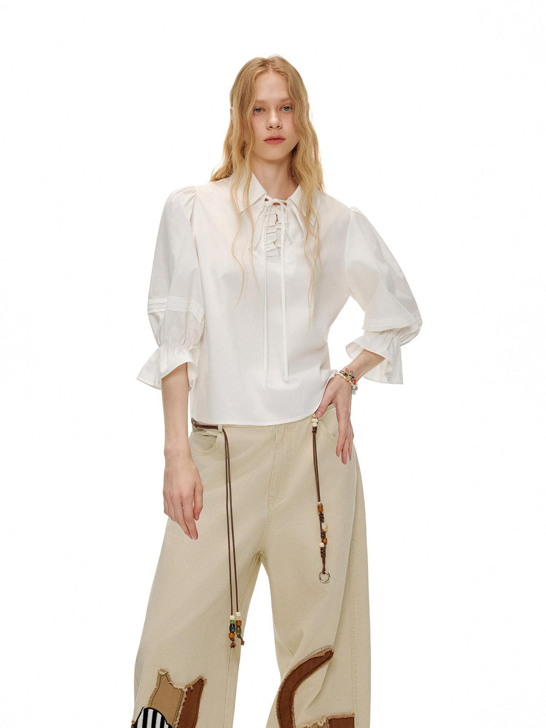 OuttheBlue Lightweight Cotton Lyocell High Waist Tie Casual Puff Sleeves Women Blouses