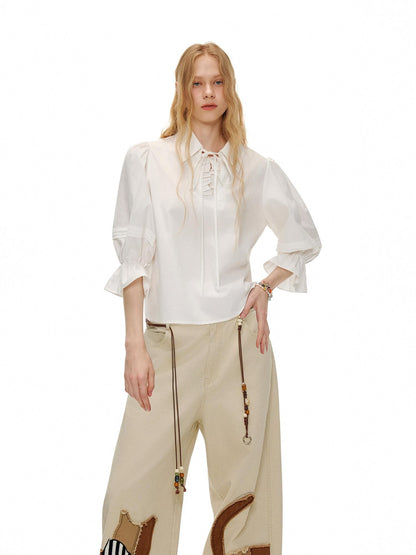 OuttheBlue Lightweight Cotton Lyocell High Waist Tie Casual Puff Sleeves Women Blouses