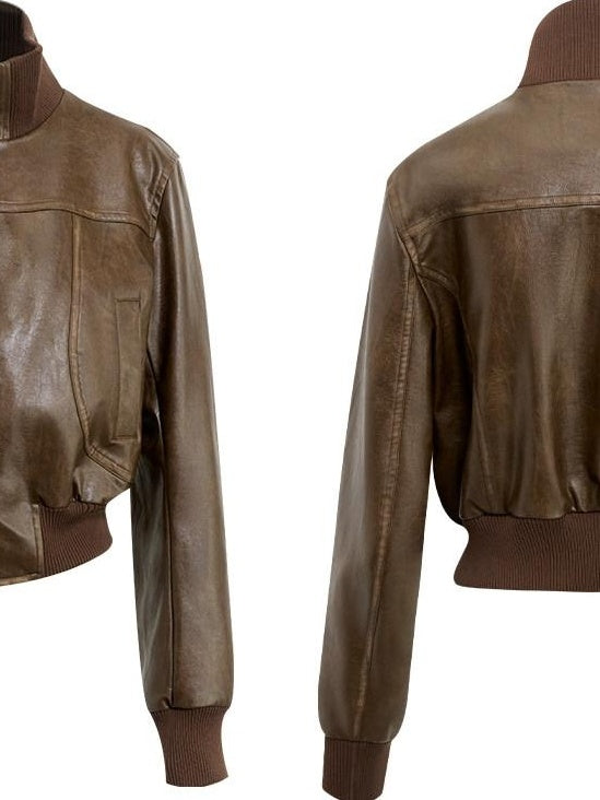 RUN TO THE FUTURE Brown Patchwork Stand Collar Zipper Short Straight Fit Commuter Youth Jackets