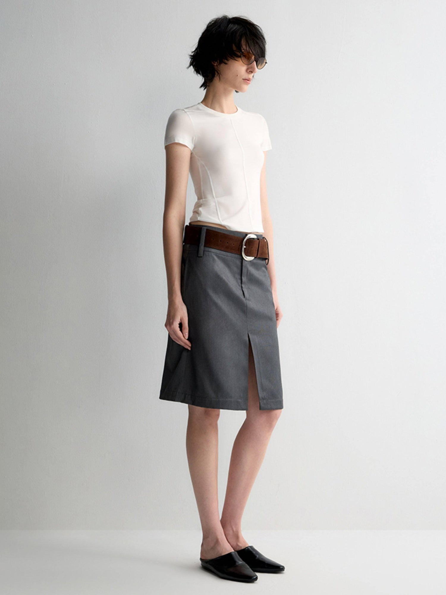 RUN TO THE FUTURE Lined Wool Blend Low Waist Pockets Vintage Office H Silhouette Midi Skirts