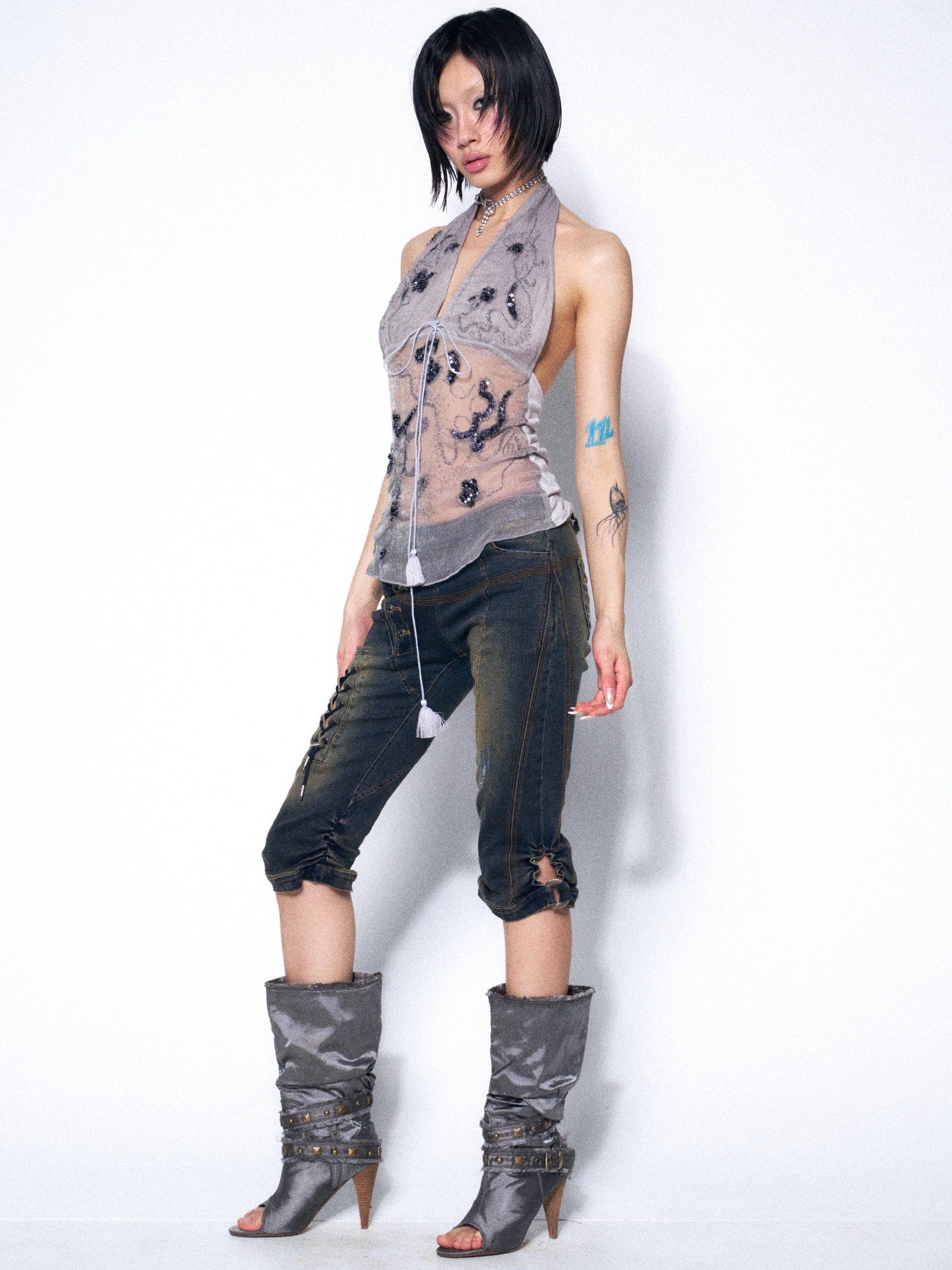 OPEN AESTHETIC Embroidered Beaded Sequin Floral Halter V-neck Women&