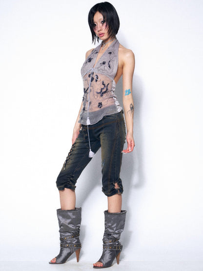 OPEN AESTHETIC Embroidered Beaded Sequin Floral Halter V-neck Women&