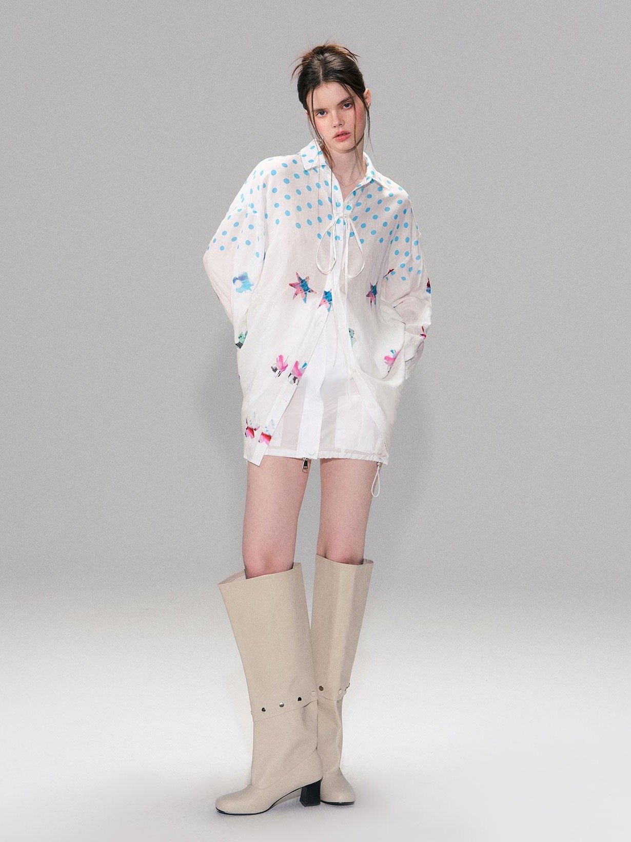 The NeverMore Soft Breathable Linen Blend Relaxed Drop Shoulder Polka Dot Long Sleeve Shirts