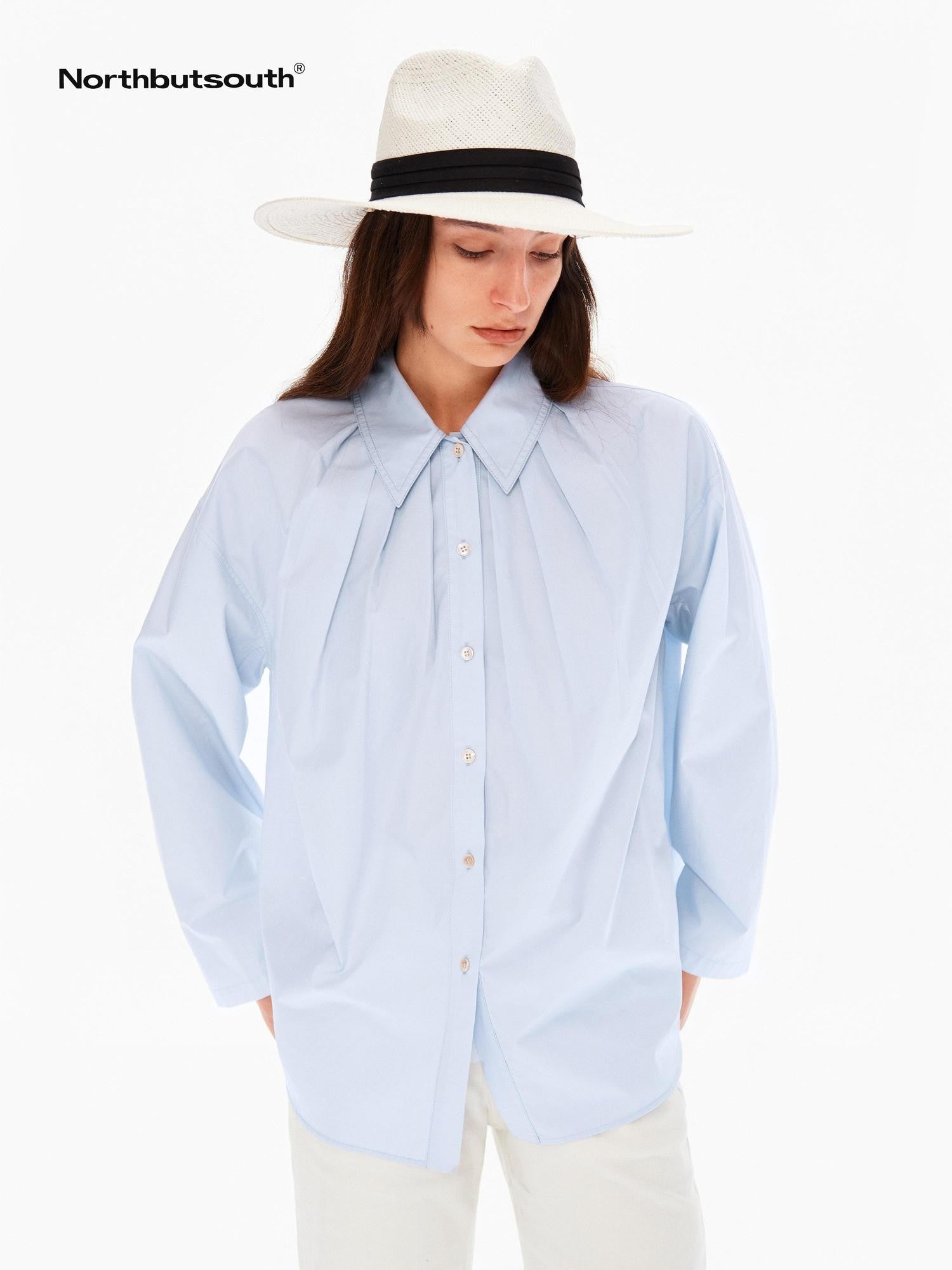 Northbutsouth Blue White Pleated Casual Loose Relaxed Fit Women&