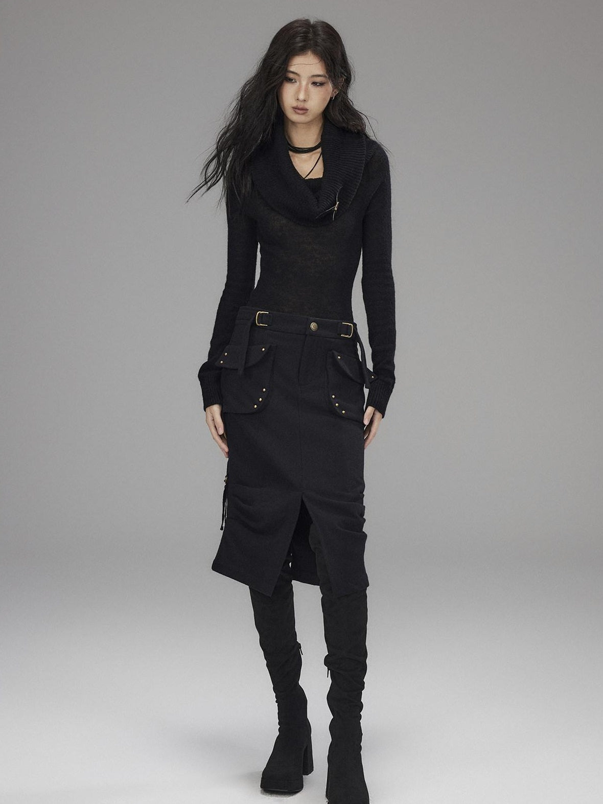 Low pixel Wool Blend Low Rise Cargo Pockets Front Slit Hline Casual Black Midi Skirts