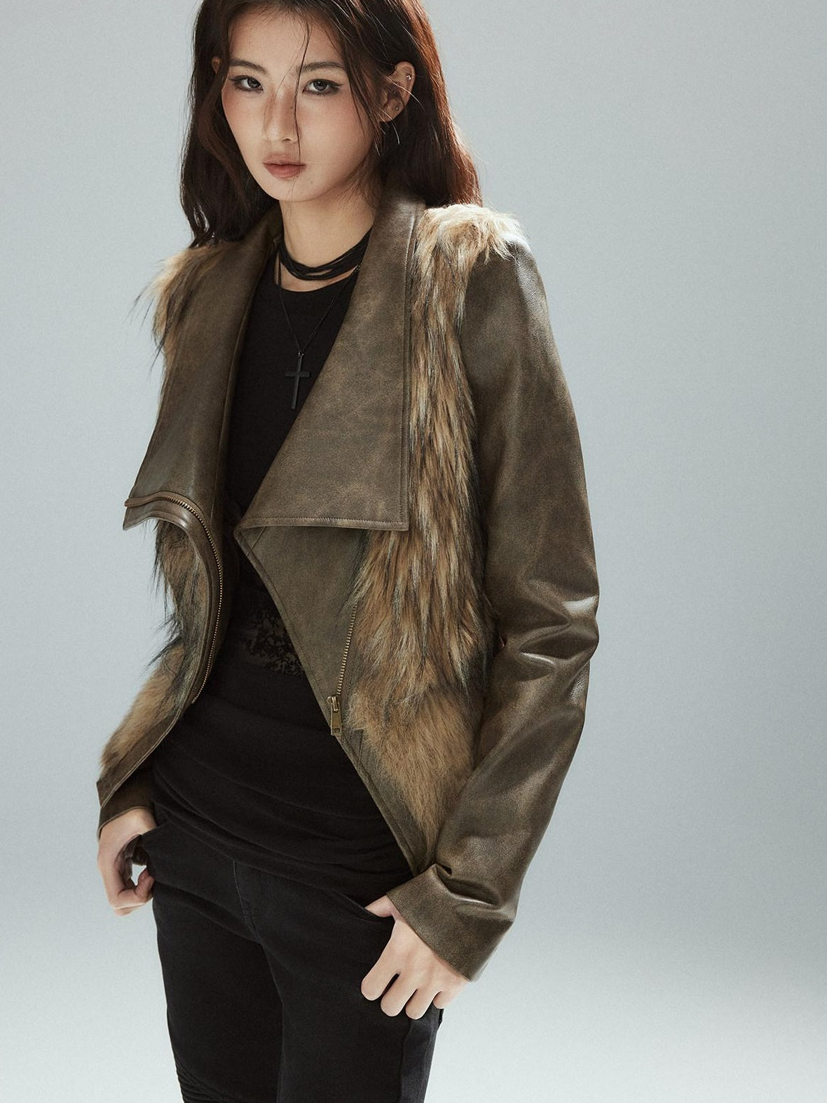 Low pixel Thick Waist Cinch Patchwork Street Style Women Brown Zipper Lapel Cropped Jackets