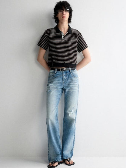 RUN TO THE FUTURE Ripped Low Rise Wide Leg Casual Loose Fit Vintage Ice Blue Denim Straight Jeans