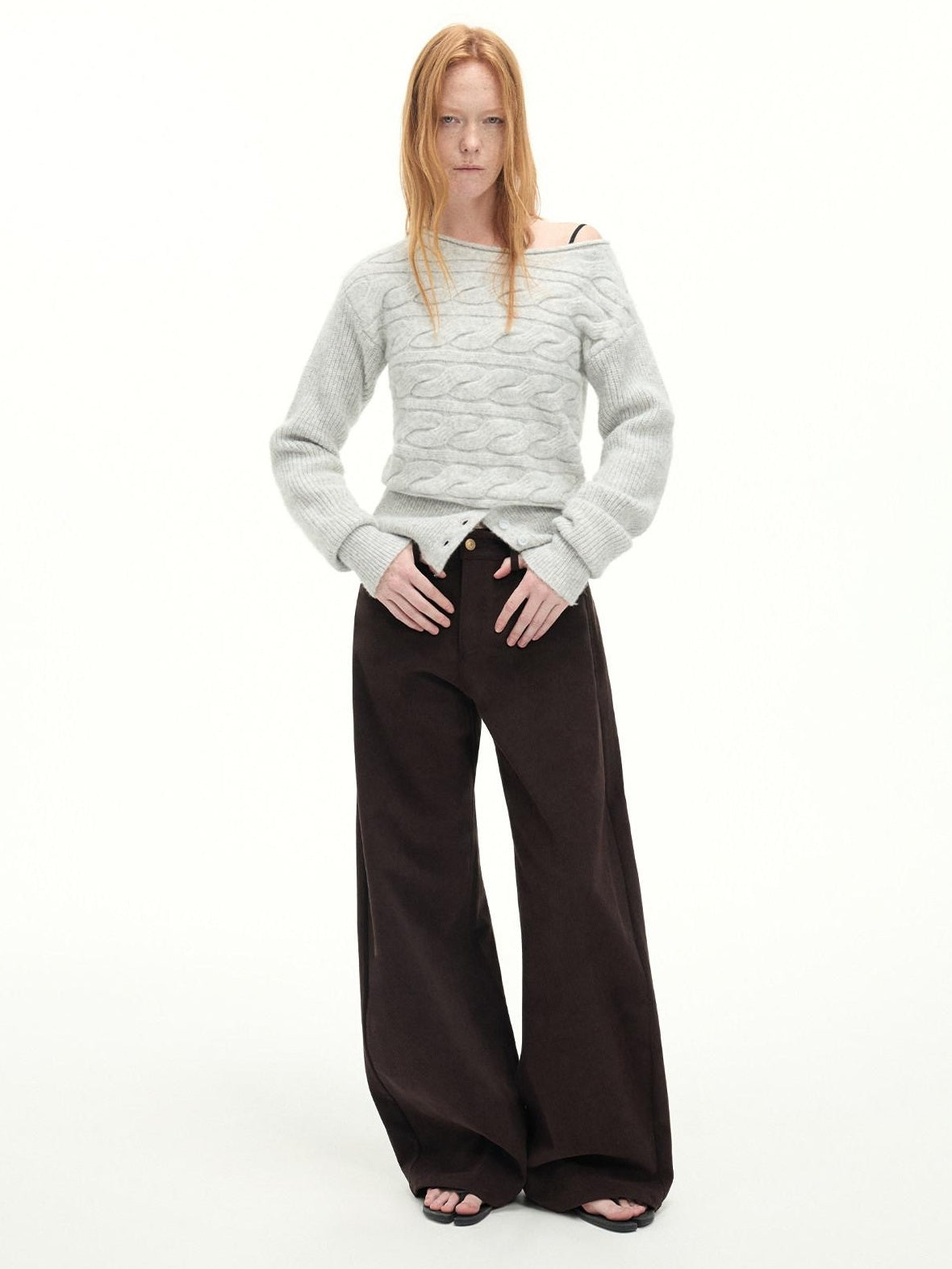 RUN TO THE FUTURE Casual Mid Low Waist Zip Fly Polyester Women Deep Brown Wide-Leg Pants