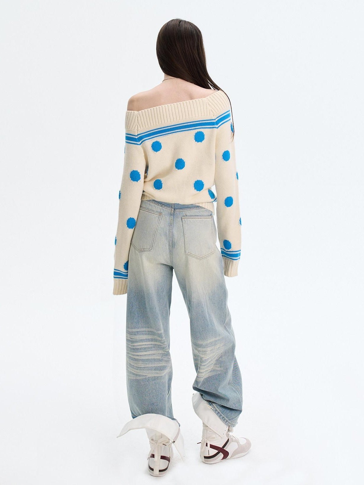 The NeverMore Cozy Thermal Acrylic Wool Polka Dot Boat Neck Relaxed Women Knit Sweaters