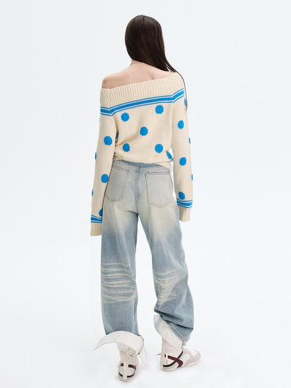 The NeverMore Cozy Thermal Acrylic Wool Polka Dot Boat Neck Relaxed Women Knit Sweaters