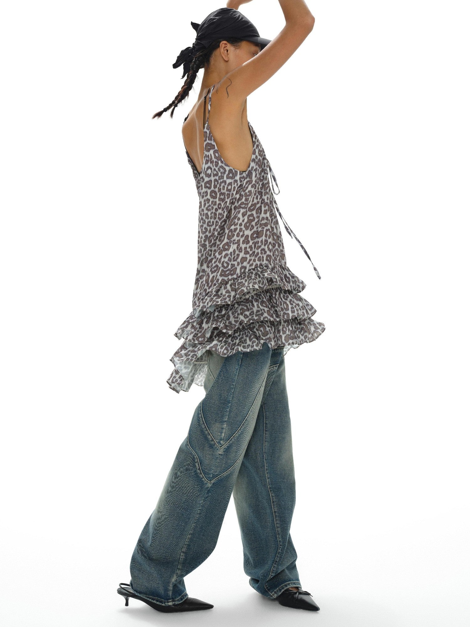 oinimi Leopard Print Ruffle Hem Adjustable Straps Women&