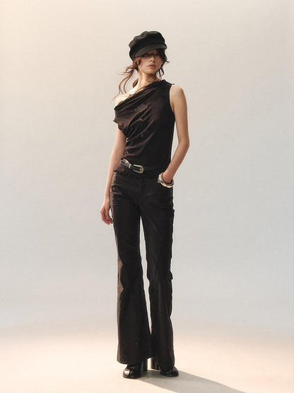 AnnoMundi Polyester Rayon Blend Embroidered Regular Fit Women Layering Black Tank Tops