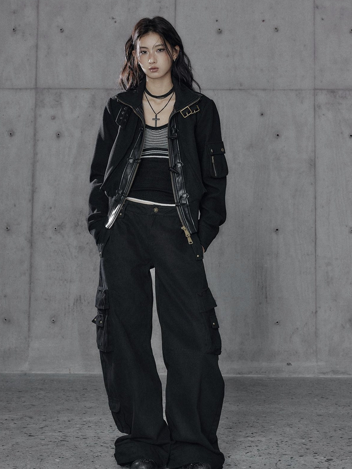 Low pixel Washed Low Rise Wide Leg Utility Loose Fit Womens Black Cargo Pants