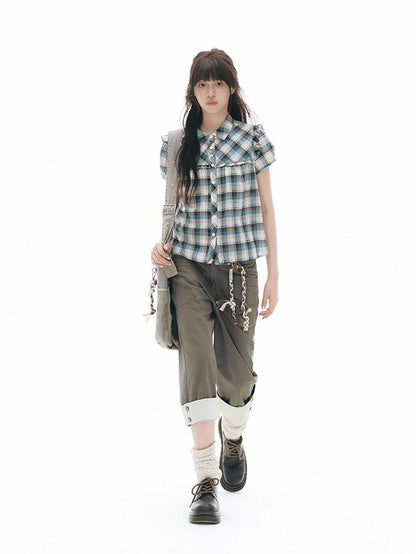 NAPSNAPS Blue Plaid Ruffle Puff Sleeve Button Tie Women&