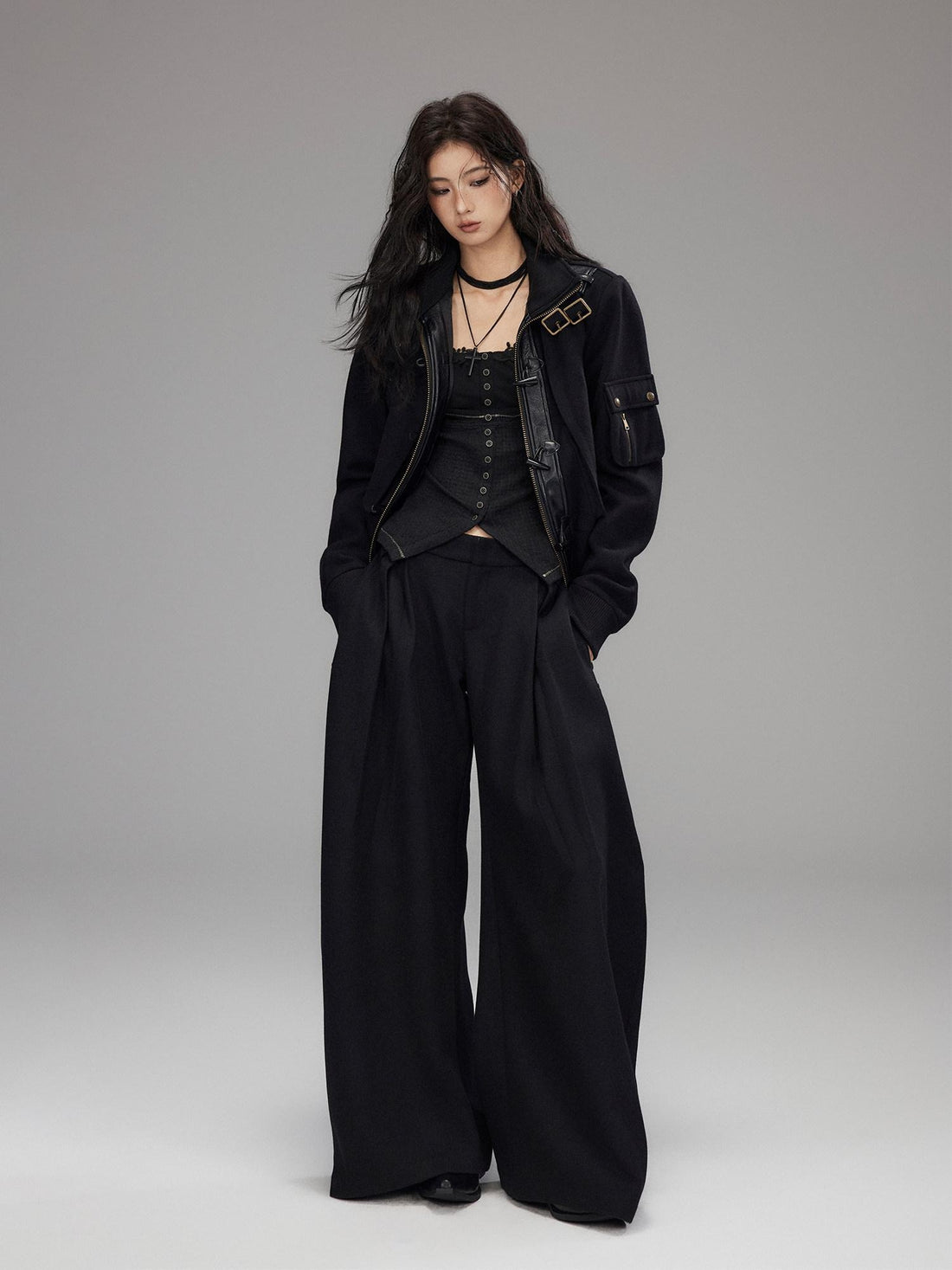 Low pixel Thick Wool Blend Slim Fit Street Hippie Stand Collar Black Cropped Jackets