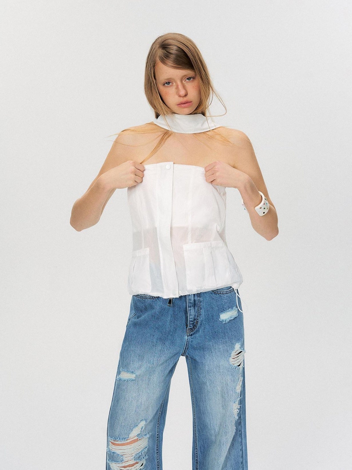 The NeverMore Zipper Front Slim Short Solid White Office Chic Strapless Tube Tops
