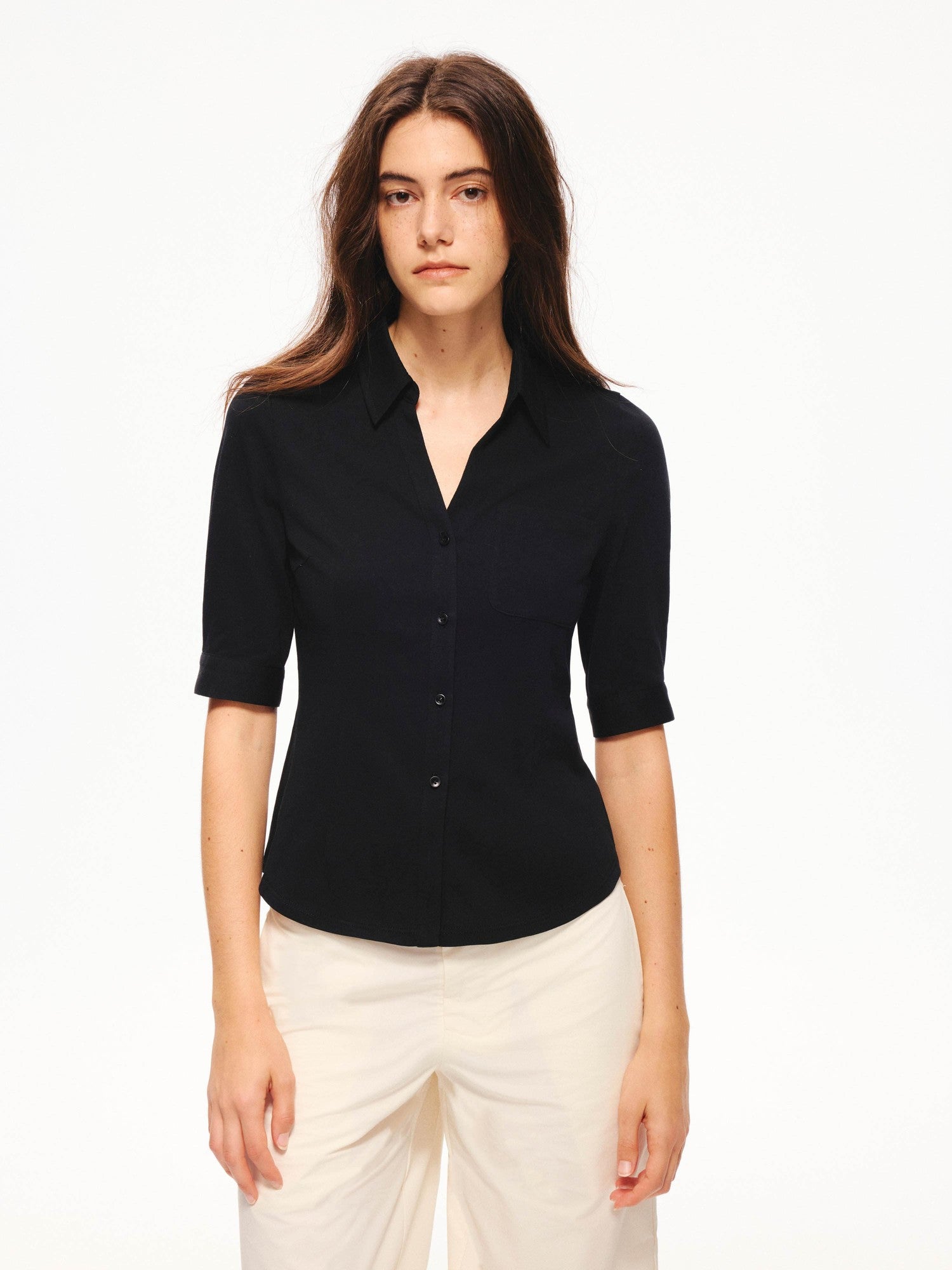 Northbutsouth Snowflake Texture Lightweight Slim Fit V-neck Mid Sleeve Women&