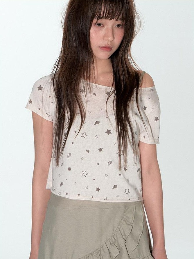 NAPSNAPS Star Print Asymmetric Slanted Shoulder Women&