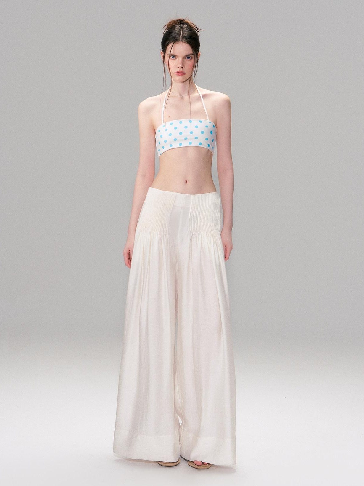 The NeverMore Lightweight Linen Blend Pleated Mid Waist Casual Women Off White Wide Leg Pants