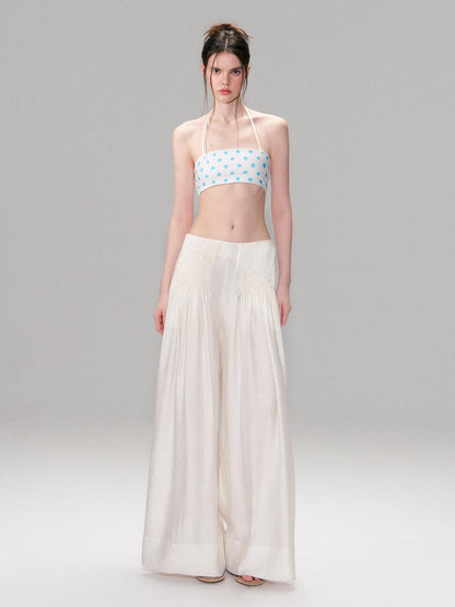 The NeverMore Lightweight Linen Blend Pleated Mid Waist Casual Women Off White Wide Leg Pants