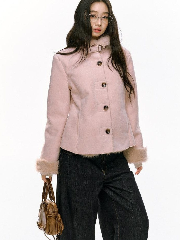 7Shiftin Fleece Lined Original Slim Stand Collar Button Coffee Pink Cropped Jackets