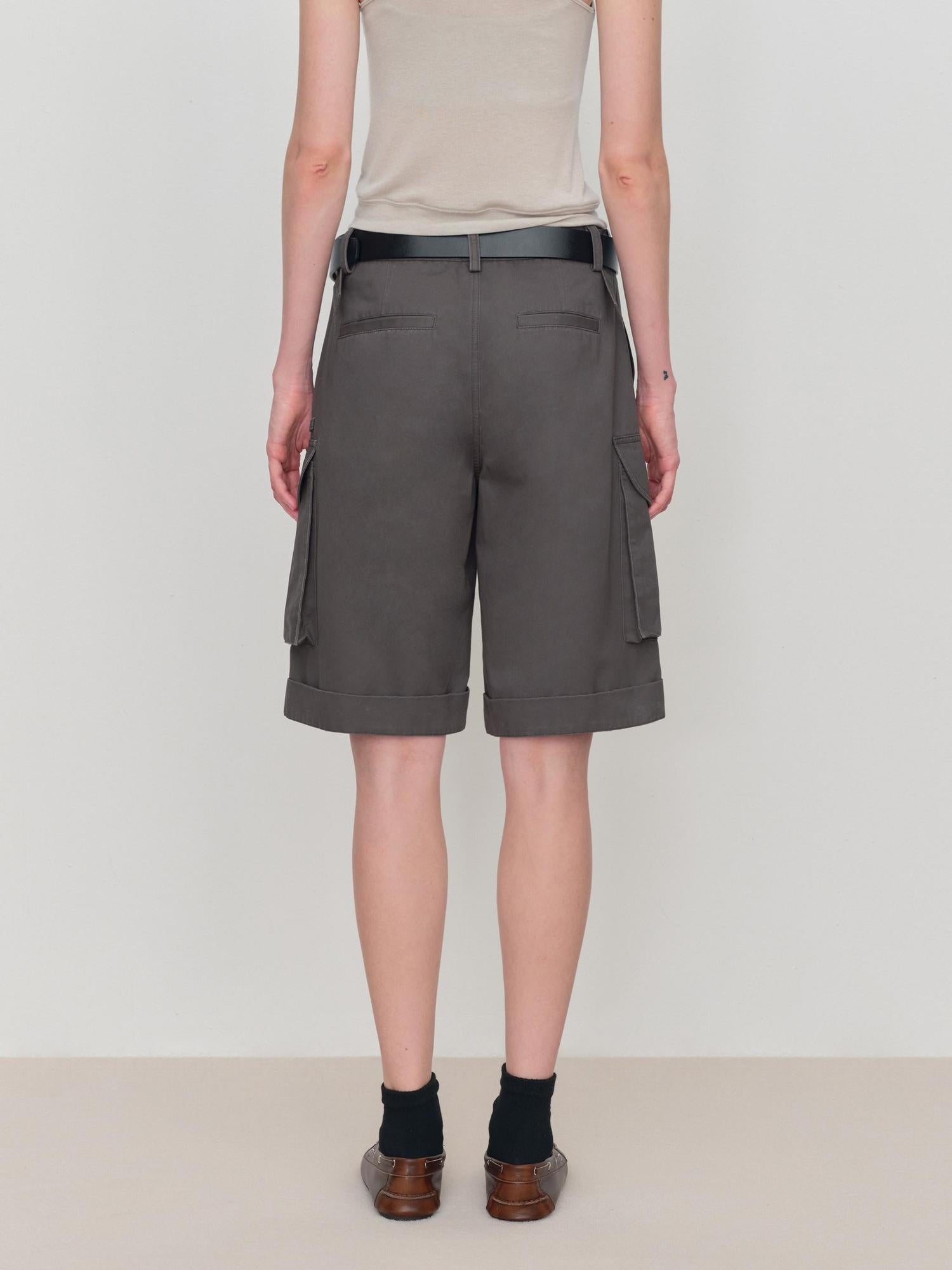 RUN TO THE FUTURE Low Rise Pockets Wide Leg Loose Cotton Women Dark Gray Zip Fly Short Trousers