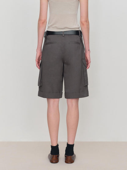 RUN TO THE FUTURE Low Rise Pockets Wide Leg Loose Cotton Women Dark Gray Zip Fly Short Trousers