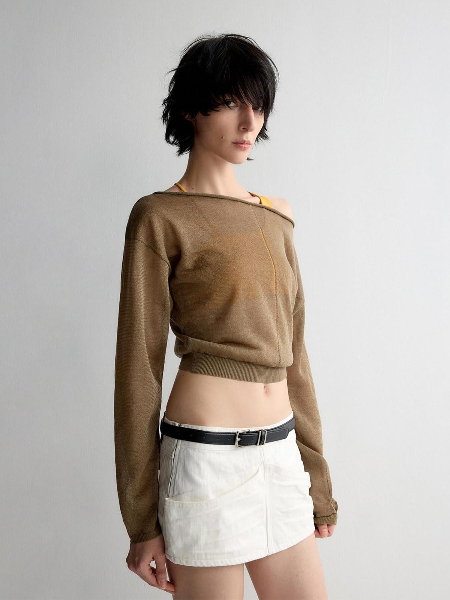 RUN TO THE FUTURE Lyocell Wool Blend Reversible Loose Cropped Boat Neck Knit Long Sleeve T-Shirts