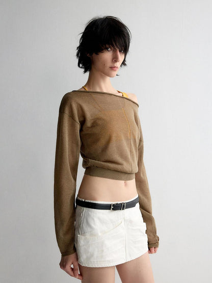 RUN TO THE FUTURE Lyocell Wool Blend Reversible Loose Cropped Boat Neck Knit Long Sleeve T-Shirts