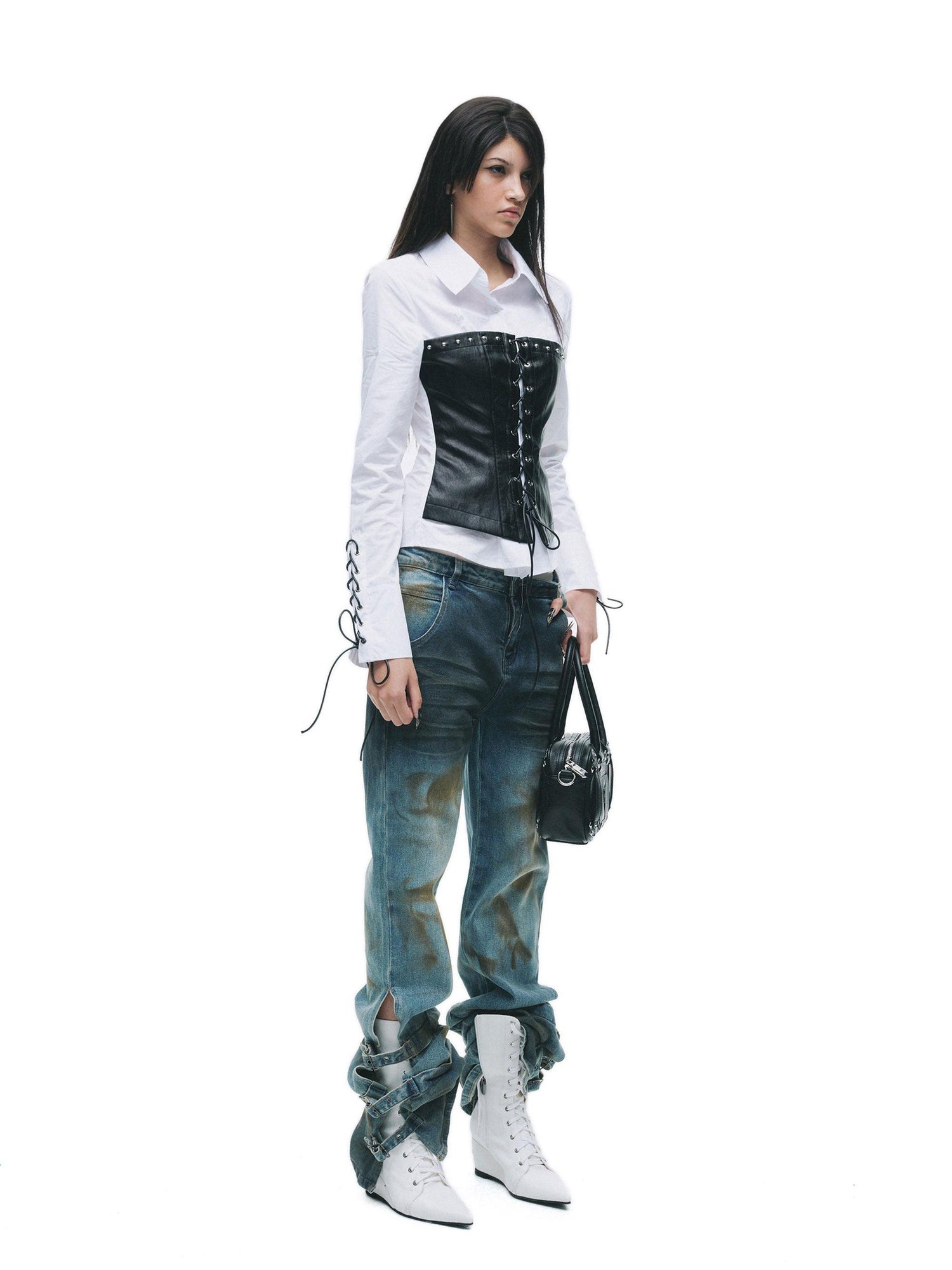 24ans Wrinkle Resistant Punk Slim Patchwork Women Long Sleeve Turn Collar Shirts