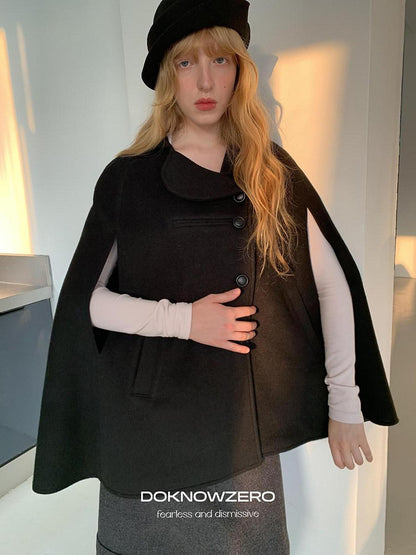 DKZ OFFICIAL Black Bud Collar Cape Double Breasted Women&