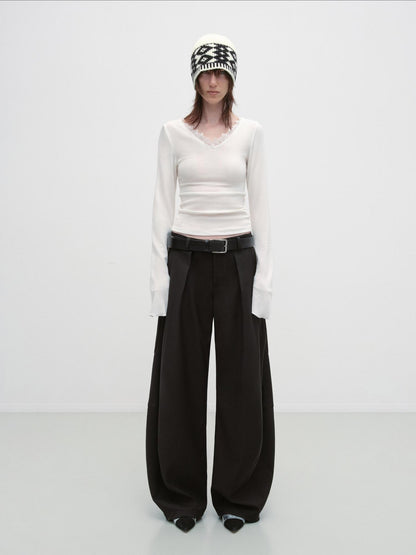 RUN TO THE FUTURE Pleated Minimalist Mid Rise Micro Stretch Casual Loose Fit Black Wide-Leg Pants