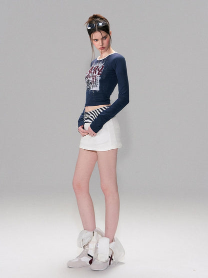 The NeverMore Cotton Blend Letter Print American Slim Fit Cropped Women Long Sleeve T-Shirts