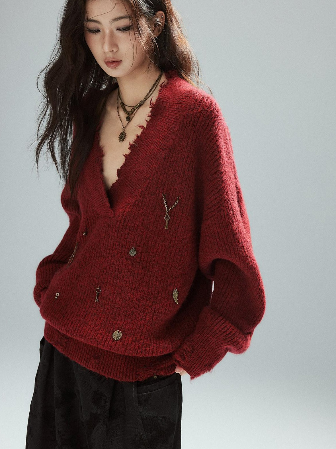 Low pixel Warm Oversized Street Raw Hem Women V-neck Red Pullover Sweaters