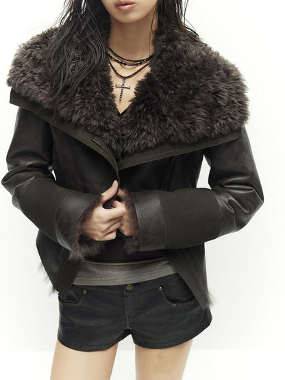 Low pixel Warm Faux Shearling Waisted Gothic Short Zip Women Coffee Cropped Jackets