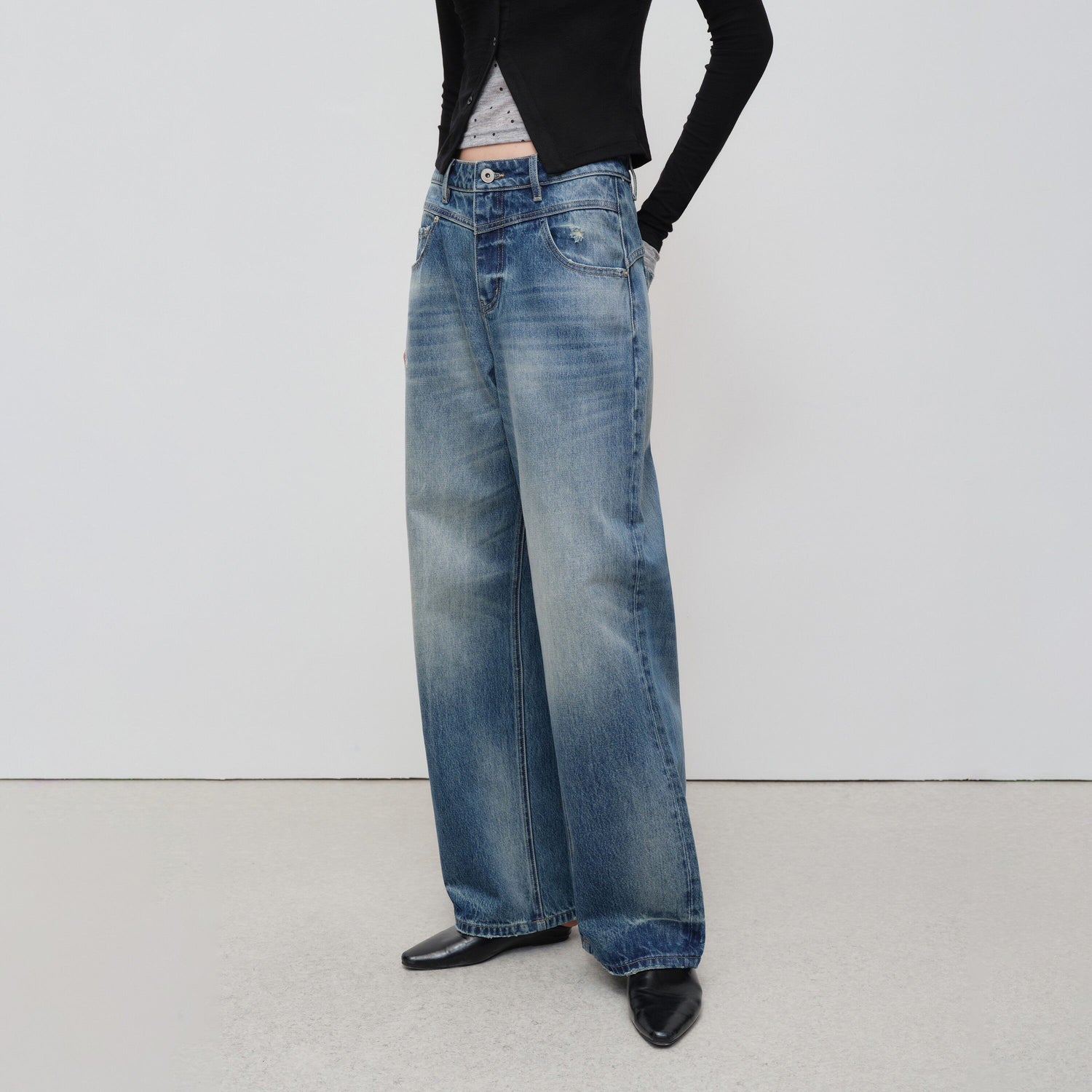 RUN TO THE FUTURE Vintage Washed Cotton Natural Waist No Stretch Ladies Blue Straight Jeans