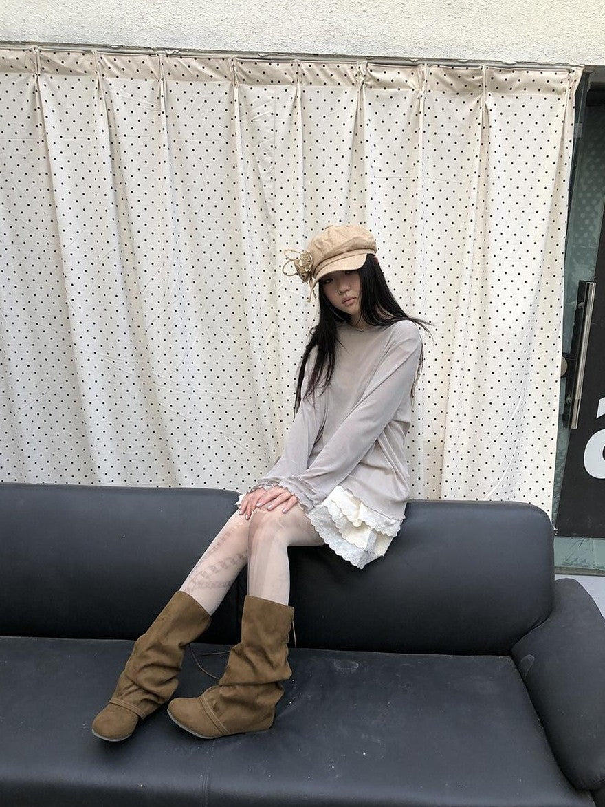 ang project Mocha Sheer Mesh Layered Ruffle Round Neck Women&