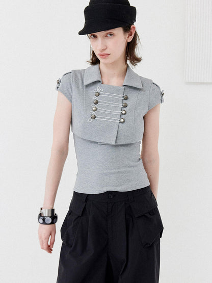 DKZ OFFICIAL Grey Double Breasted Cropped Collared Women&