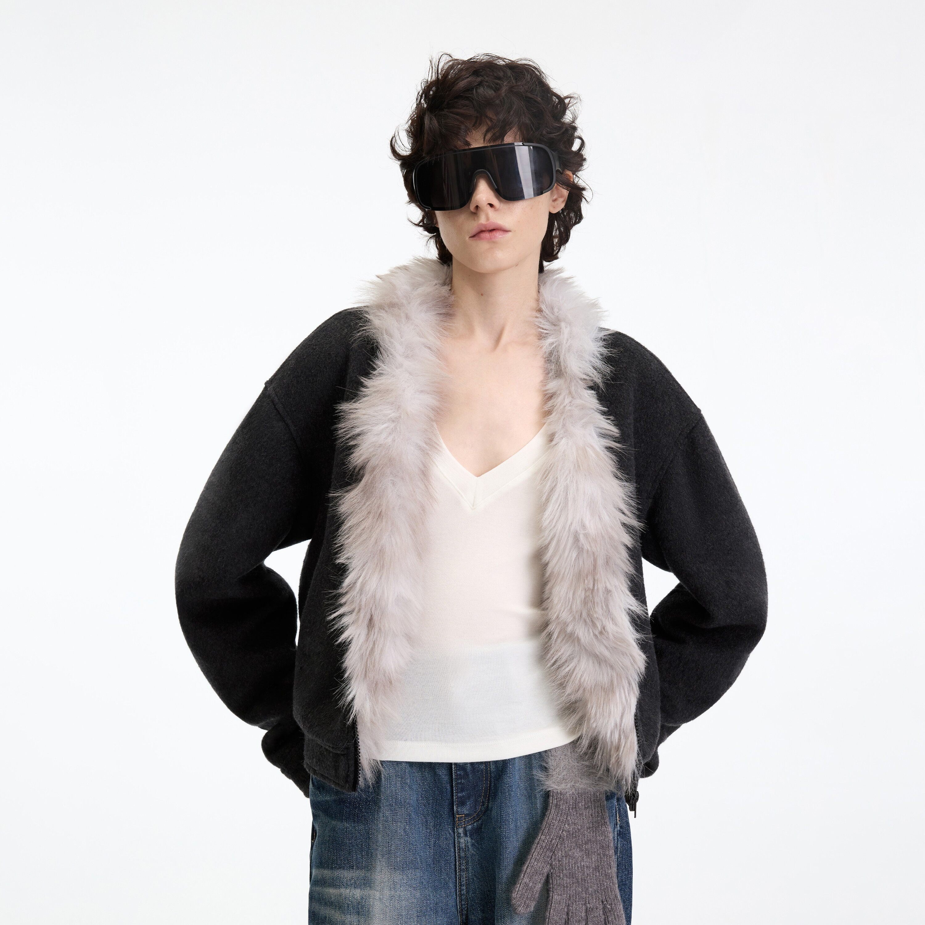 RUN TO THE FUTURE Warm Thick Patchwork Casual Zip Front Fur Collar Women Black Cardigans