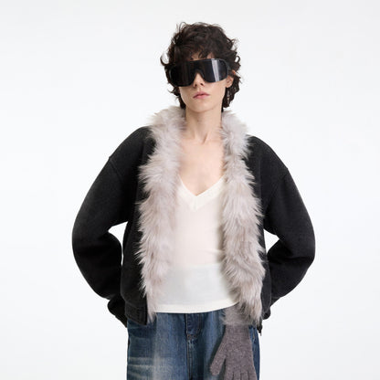 RUN TO THE FUTURE Warm Thick Patchwork Casual Zip Front Fur Collar Women Black Cardigans