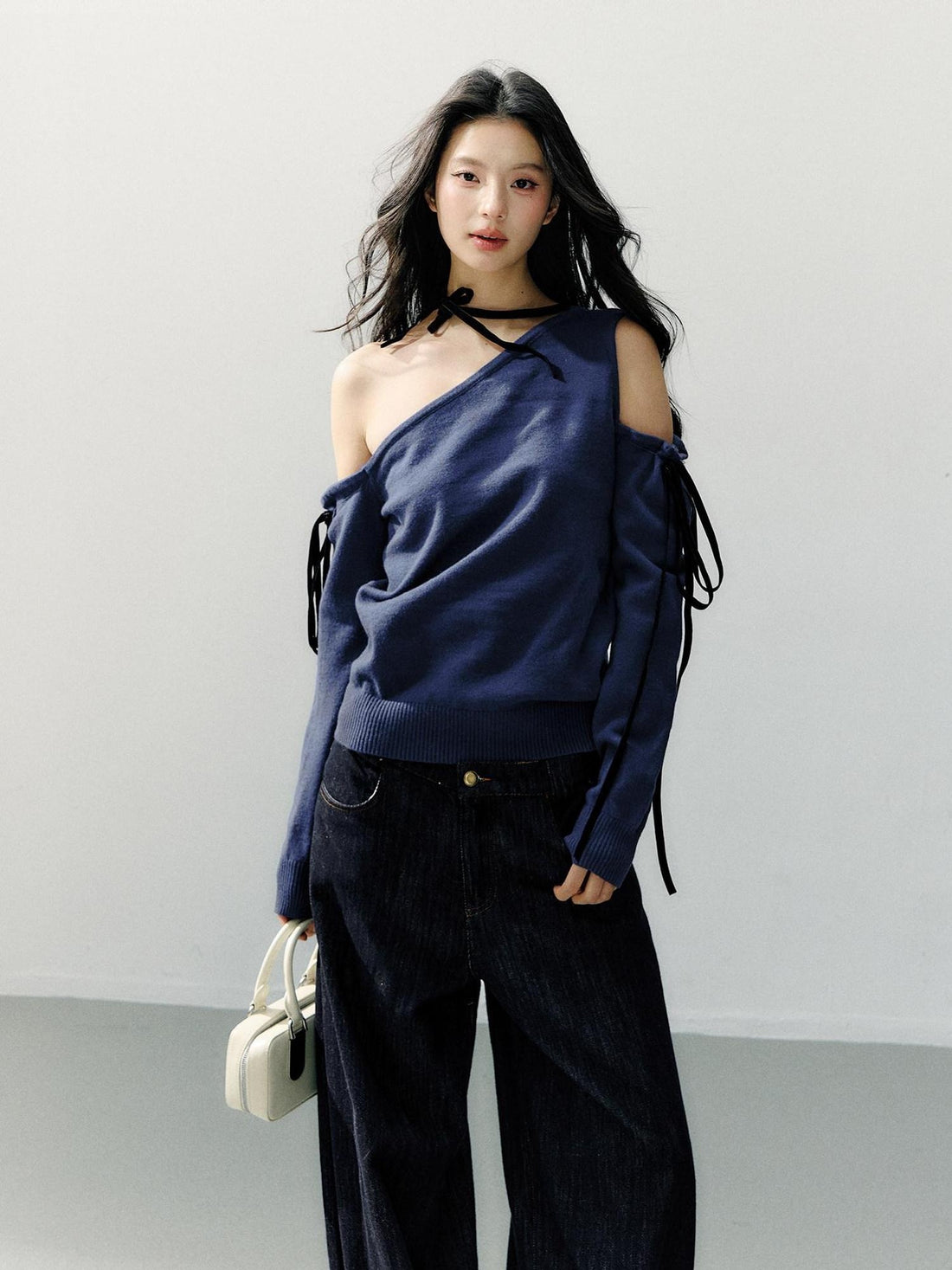 7Shiftin Cozy Casual Loose Backless Women Knit Pullover Blue Long Sleeve Sweaters