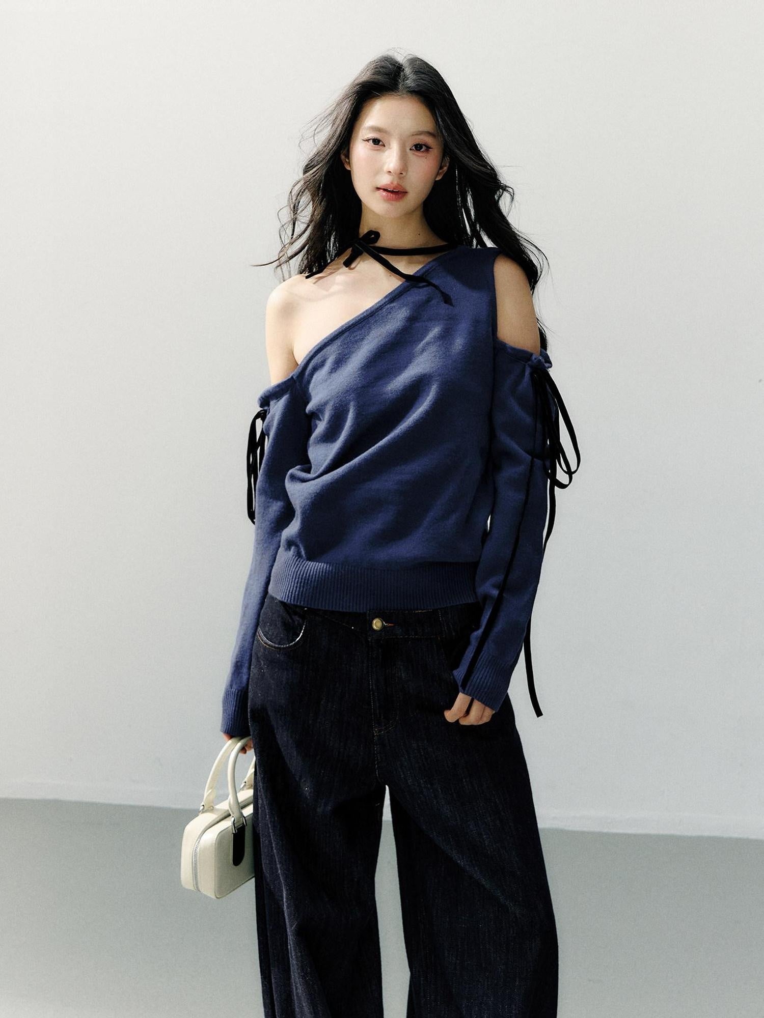 7Shiftin Cozy Casual Loose Backless Women Knit Pullover Blue Long Sleeve Sweaters