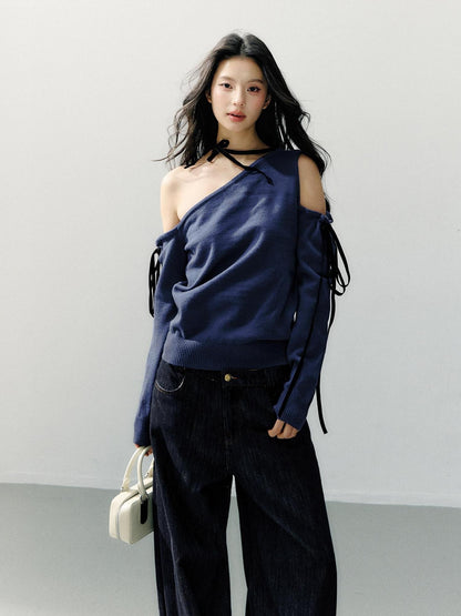 7Shiftin Cozy Casual Loose Backless Women Knit Pullover Blue Long Sleeve Sweaters