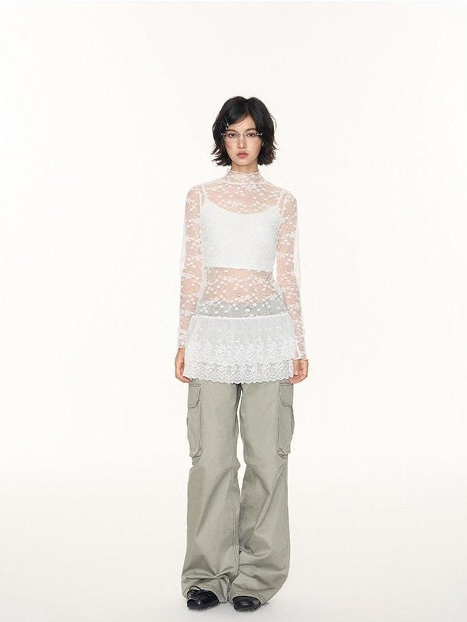 NAPSNAPS Khaki Vintage Cargo Embroidered Low Waist Women&