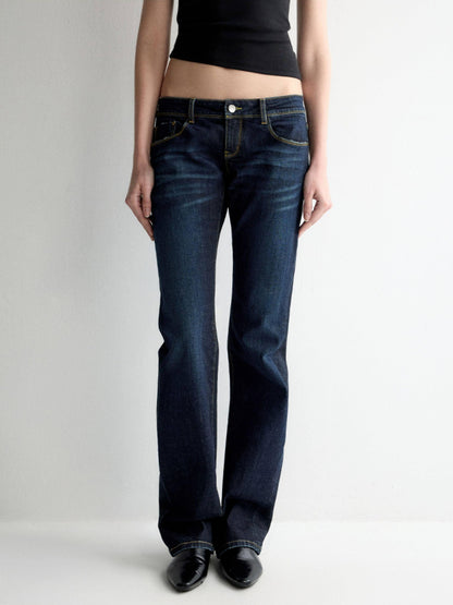 RUN TO THE FUTURE Durable Low Rise Slim Fit Casual Dark Denim Zipper Fly No Stretch Straight Jeans