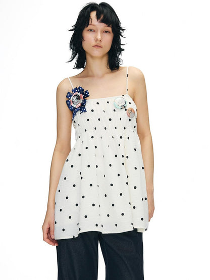 OuttheBlue Soft Cotton Loose Fit Polka Dot Spaghetti Strap Beige Slip Mini Dresses