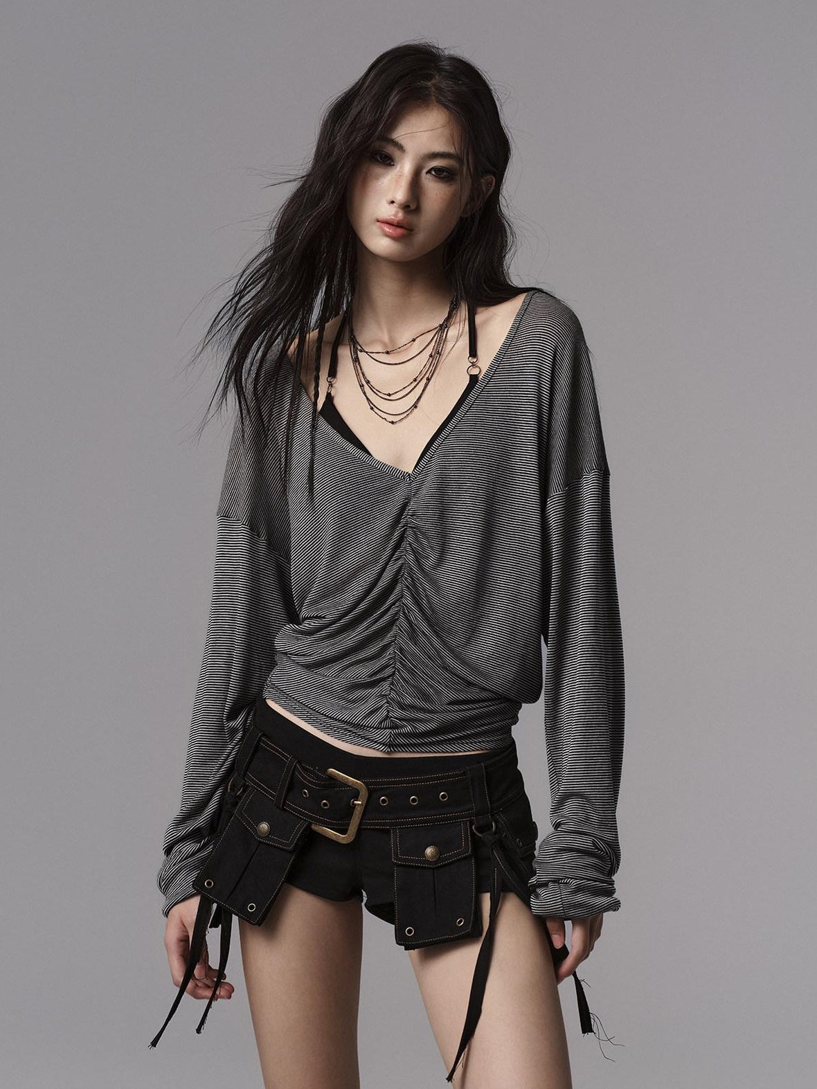 Low pixel Lyocell Blend Goth Fitted V-neck Striped Women Long Sleeve Crop Tops