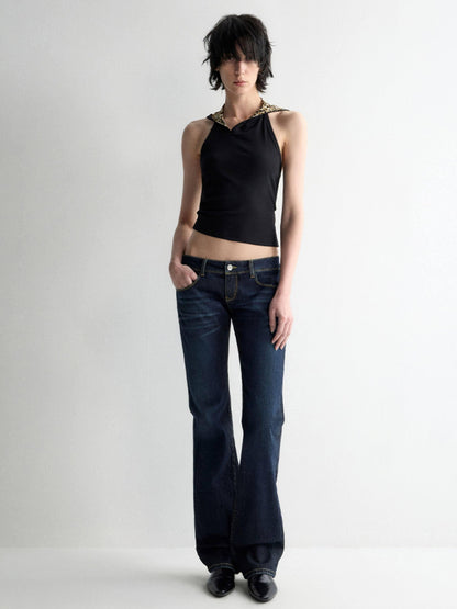 RUN TO THE FUTURE Durable Low Rise Slim Fit Casual Dark Denim Zipper Fly No Stretch Straight Jeans