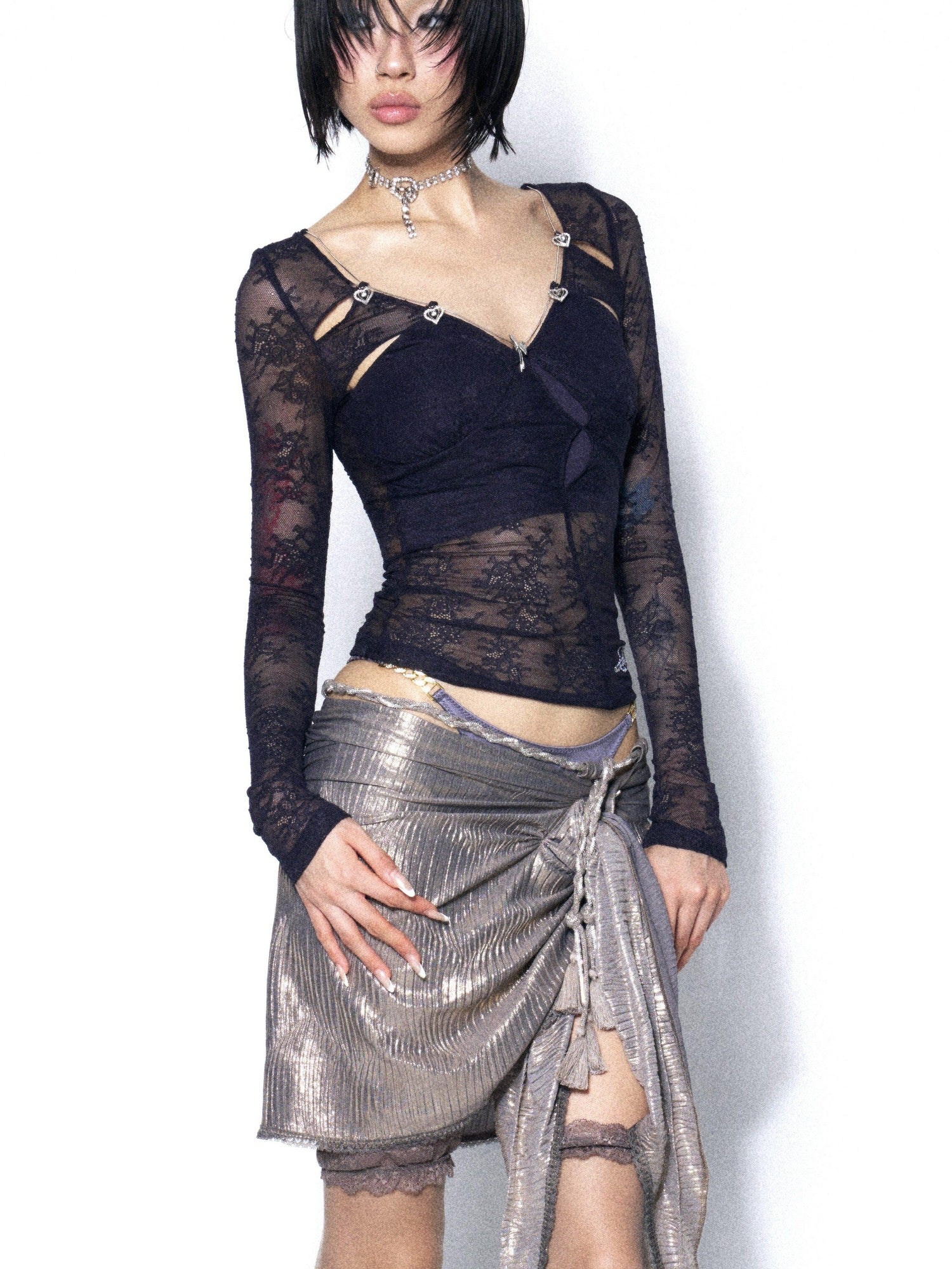OPEN AESTHETIC Dark Blue Purple Lace Cutout Heart Women&