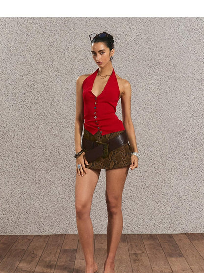 The NeverMore Silky Rayon Backless Halter V-neck Slim Cropped Sexy Women Tank Tops &amp; Camis